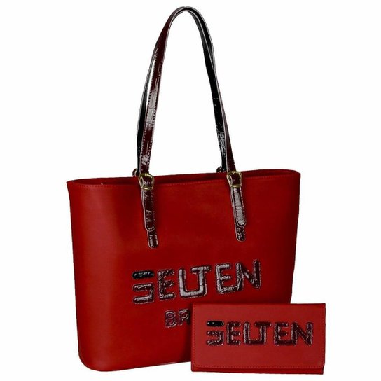 Kit Selten Bolsa Shopper Ombro Zíper Alça Ajustável + Carteira Feminina - Vermelho