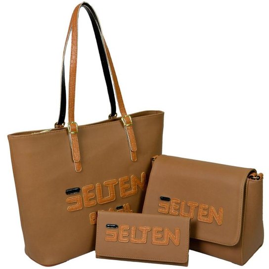 Kit Selten Bolsa Shopper Ombro Zíper + Bolsa Lateral + Carteira Feminina - Caramelo