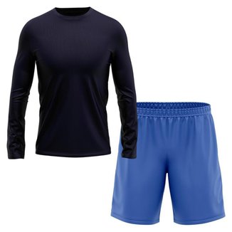 Kit Short Azul + Camiseta Masculina Manga Longa Segunda Pele Esporte Treino