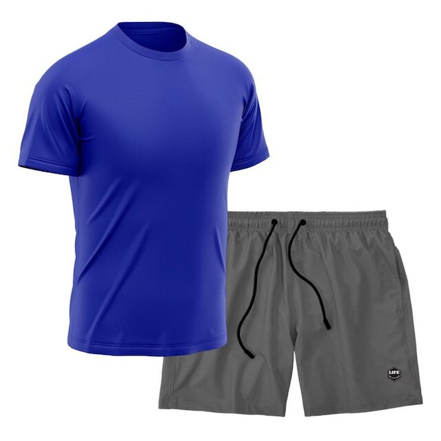 Kit Short + Camiseta Dry Treino Fitness Academia Bermuda Camisa Praia Esporte Azul