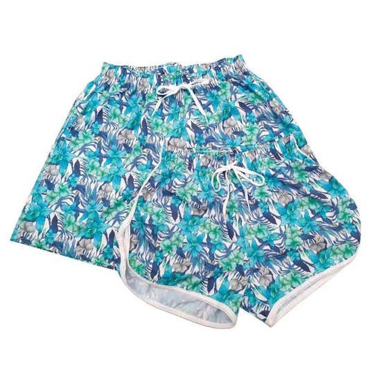 Kit Short Casal Bermuda Moda Praia Floral Verde - Preto+verde