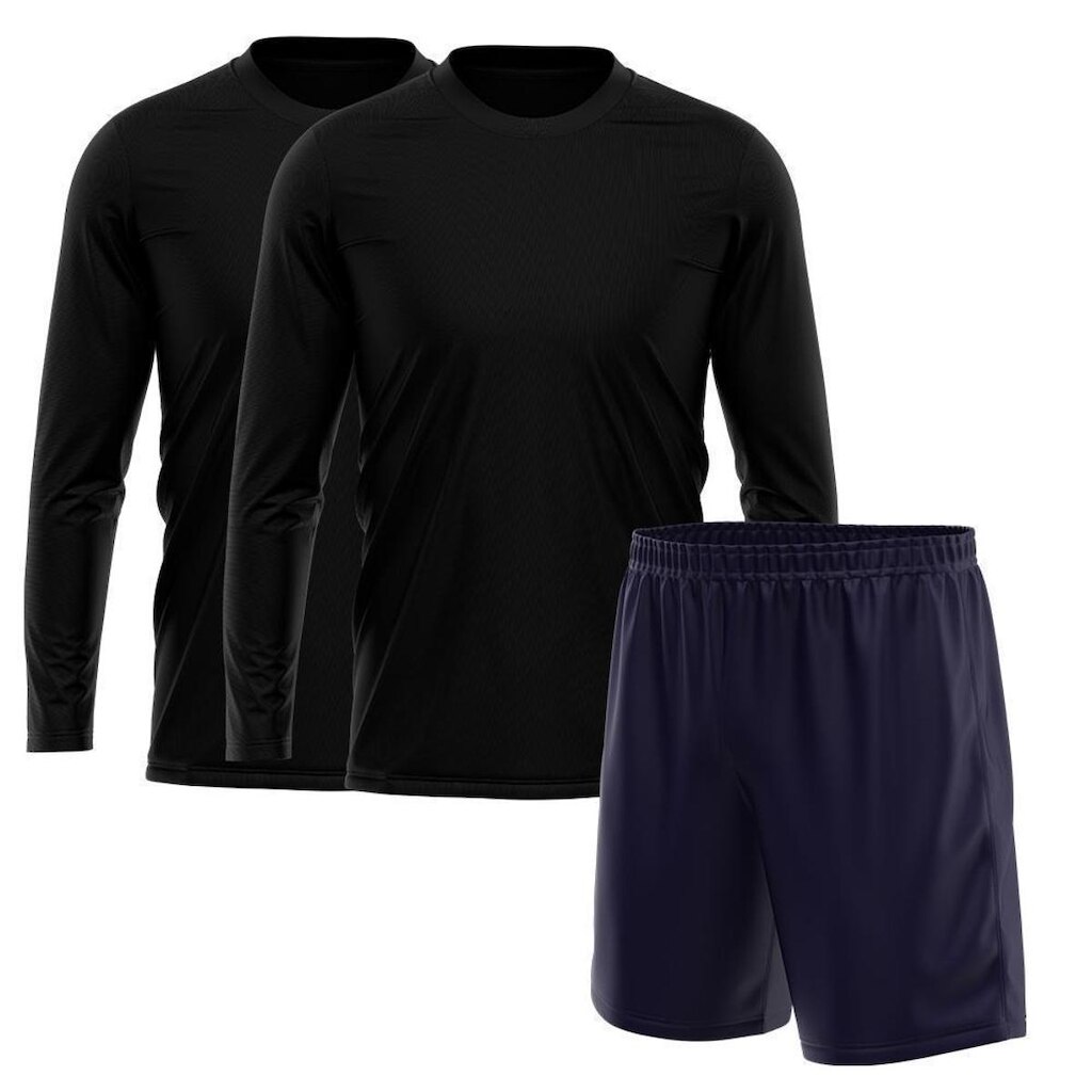 Kit Short Marinho + 2 Camisetas Masculina Manga Longa Treino