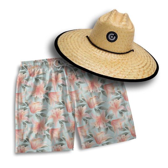 Kit Short Praia Masculino + Chapéu Pierside Palha Leve Macio - Azul