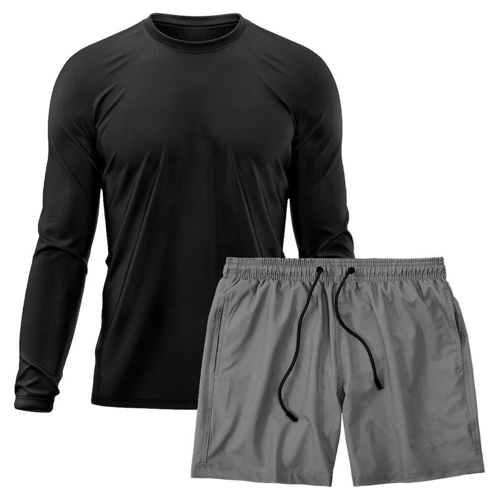 Kit Short Praia Academia Passeio Treino Cinza + Manga Longa Masculina Segunda Pele Dry