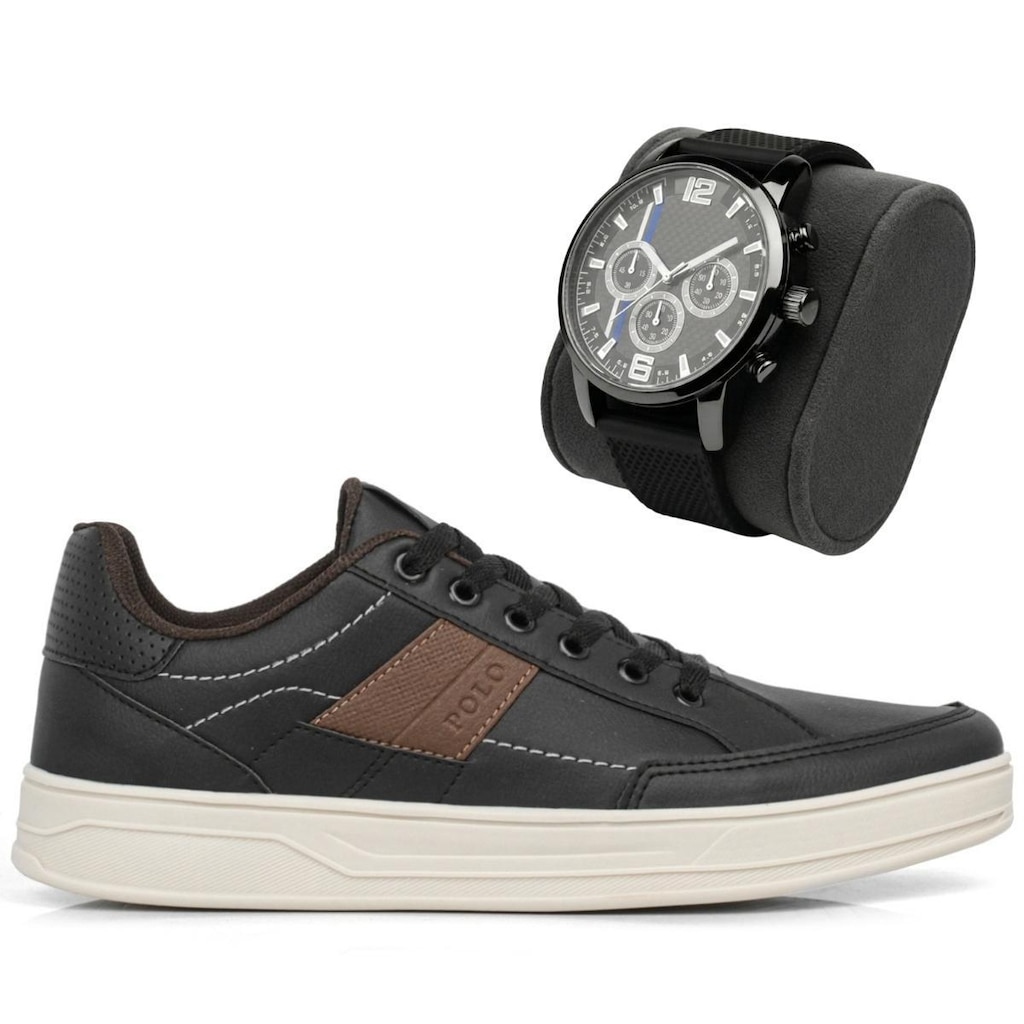 Kit Tênis Casual Masculino Preto Sapatênis Court Sneaker Com Relógio Cadarço Confortável