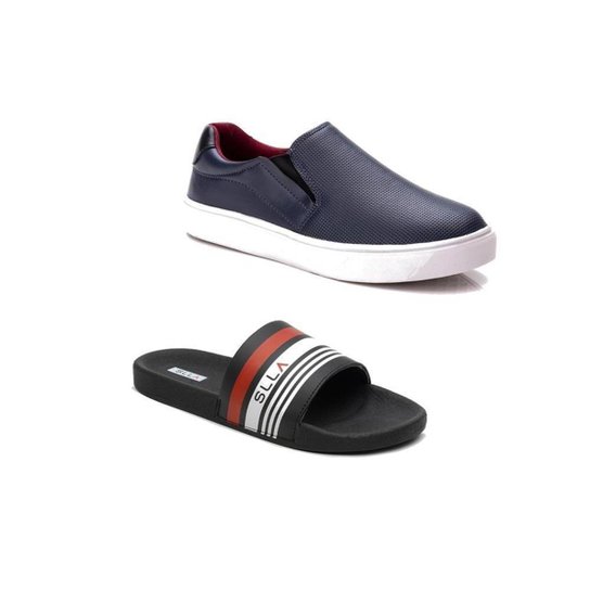 Kit Tênis Casual Slip On + Chinelo Slide Masculino Conforto - Preto