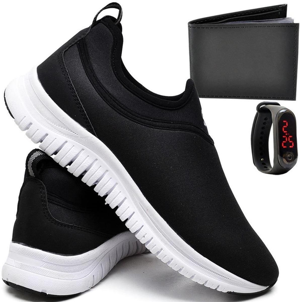 Kit Tenis Esportivo Casual Masculino sem Cadarço com Relogio Digital e Carteira - Preto Menor preço em Kit Tenis Esportivo Casual Masculino sem Cadarço com Relogio Digital e Carteira - Preto