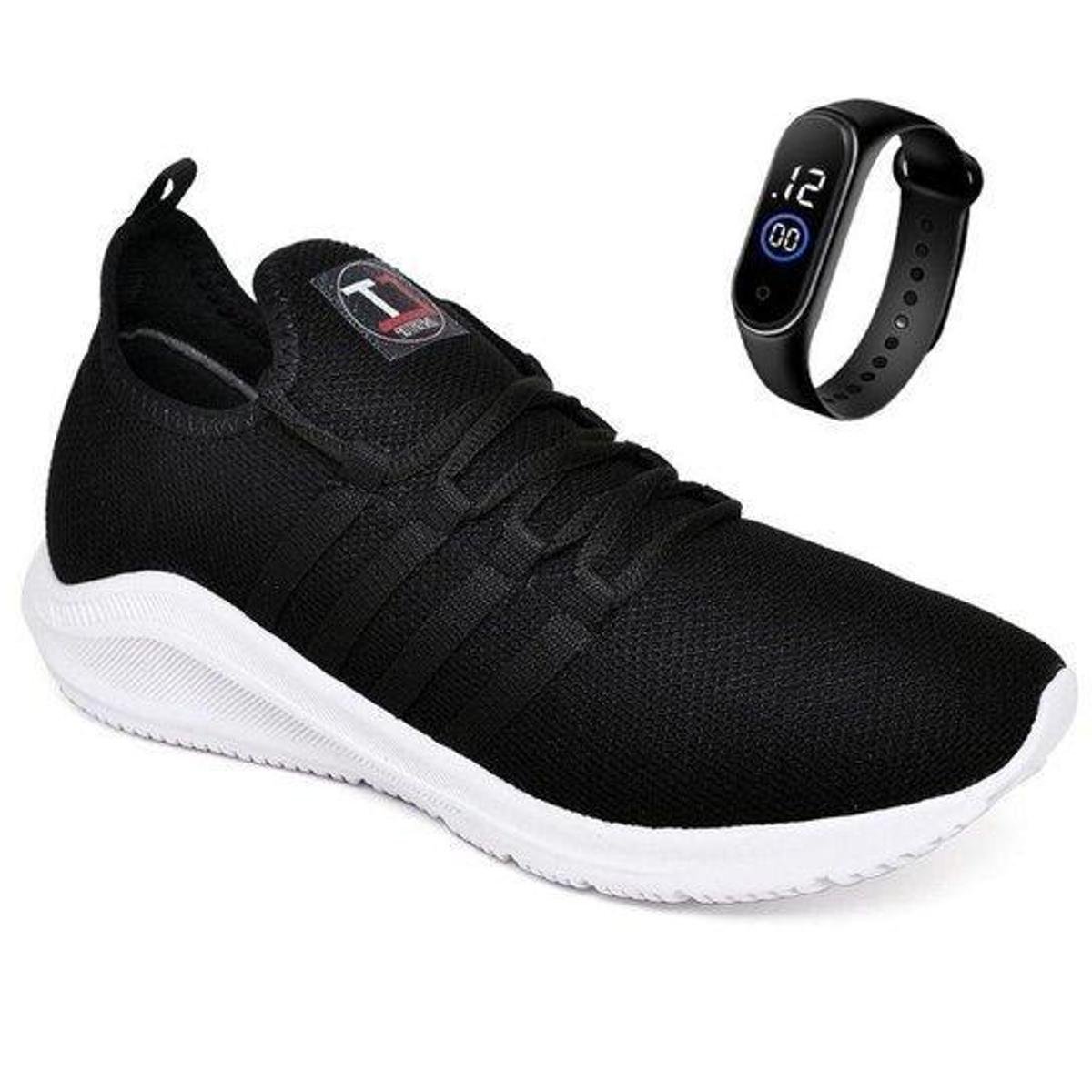 Kit Tênis Esportivo Masculino Academia Corrida Caminhada Treino Leve Palmilha Gel + Relógio - Preto+Branco Menor preço em Kit Tênis Esportivo Masculino Academia Corrida Caminhada Treino Leve Palmilha Gel + Relógio - Preto+Branco