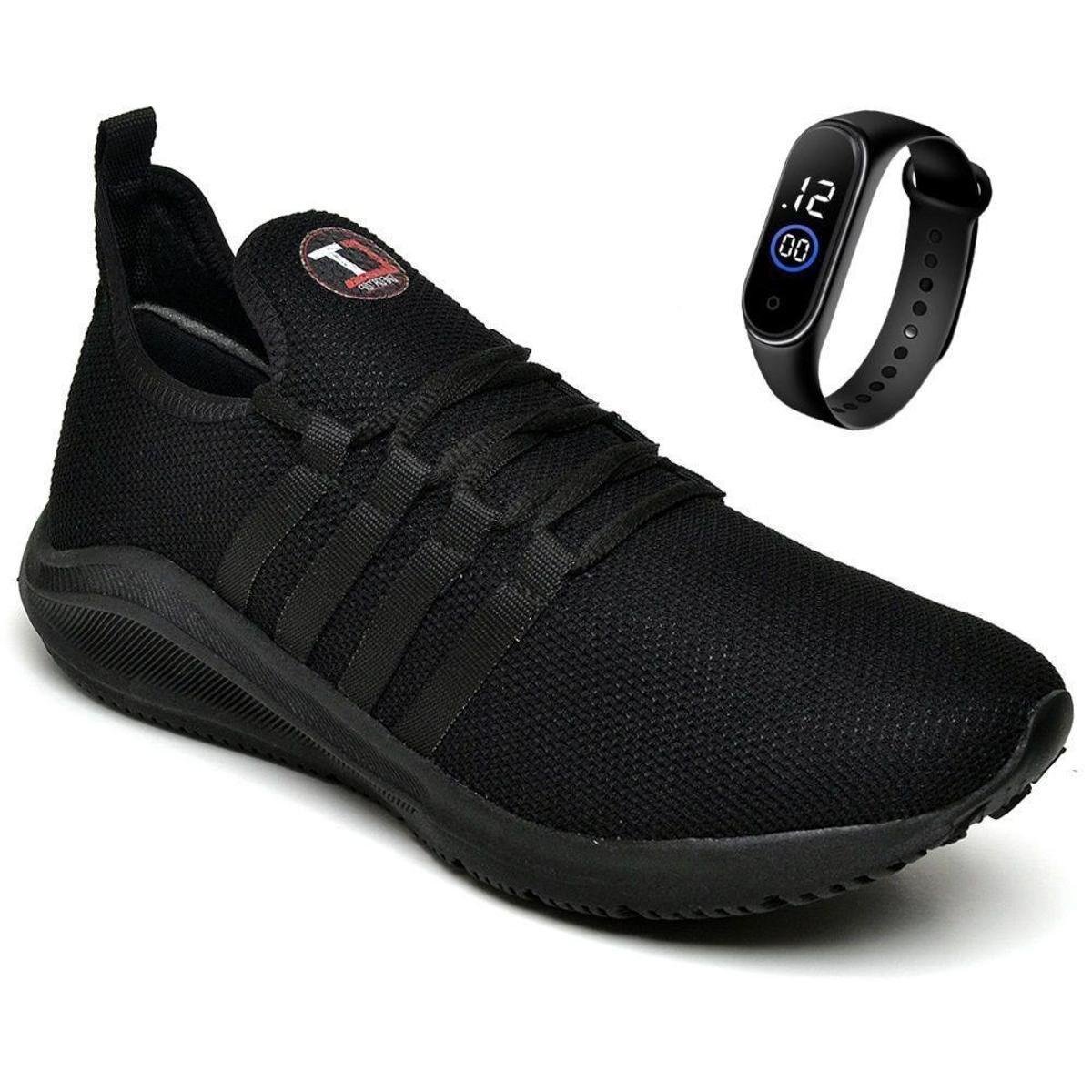 Kit Tênis Esportivo Musculação Academia Fit Treino Leve CFT Palmilha Gel + Relógio LED - Preto Menor preço em Kit Tênis Esportivo Musculação Academia Fit Treino Leve CFT Palmilha Gel + Relógio LED - Preto