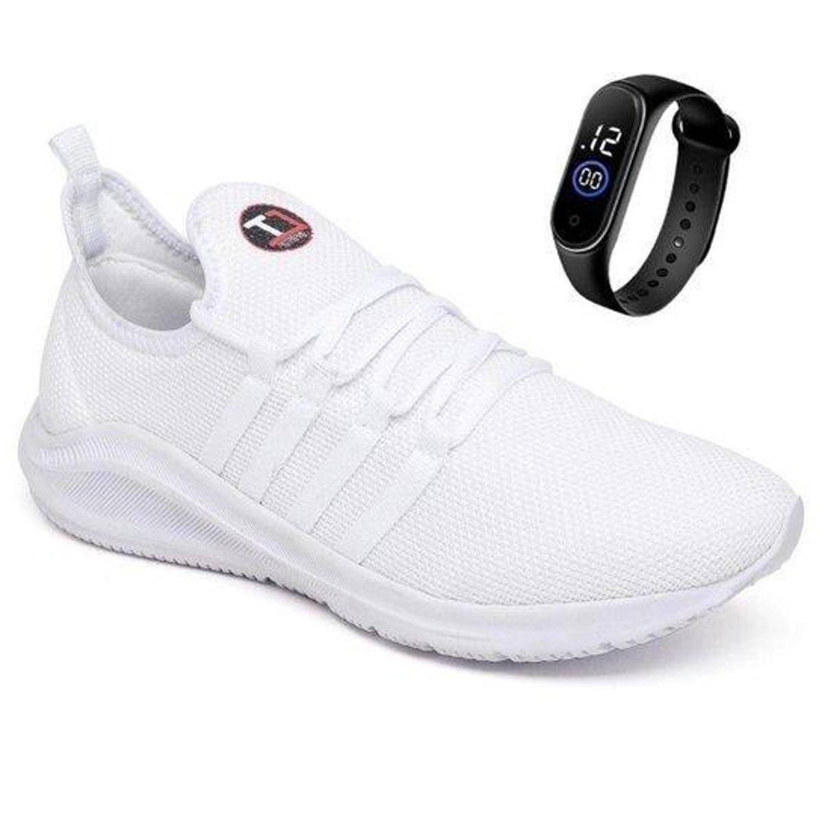 Kit Tênis Esportivo Musculação Academia Fit Treino Leve CFT Palmilha Gel + Relógio LED - Branco Menor preço em Kit Tênis Esportivo Musculação Academia Fit Treino Leve CFT Palmilha Gel + Relógio LED - Branco