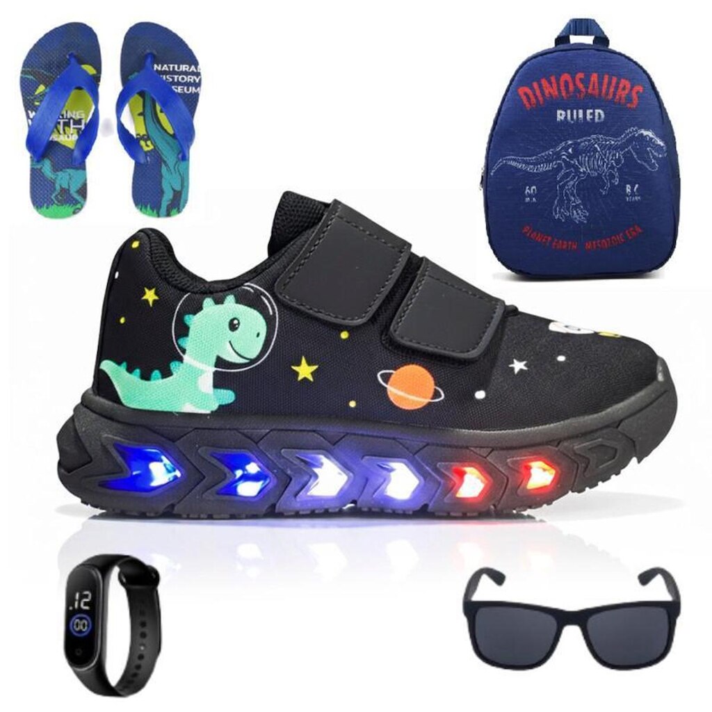 Kit Tênis Infantil Led + Mochila + Chinelo + Relógio +Óculos