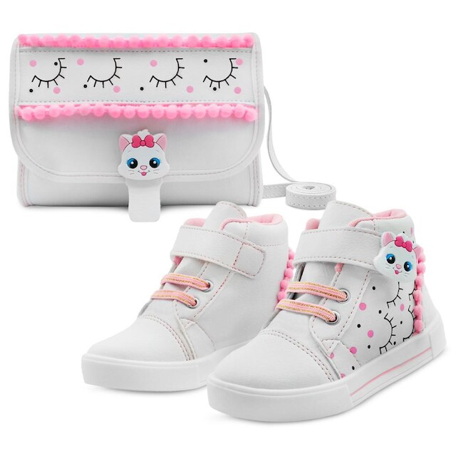 Kit Tênis Infantil Menina Cano Alto Com Bolsa Feminino Gatinha Gatatuya