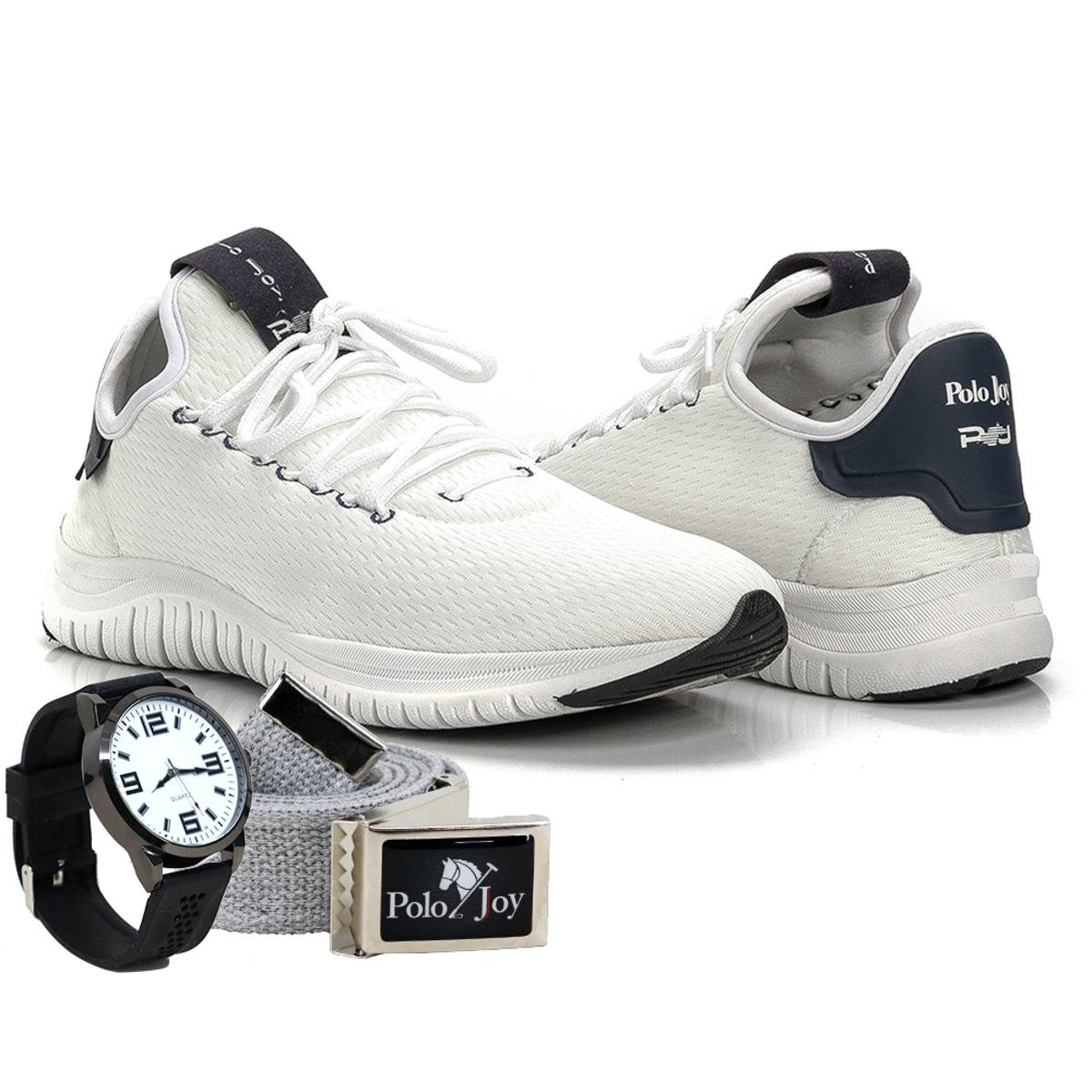 Kit Tênis Masculino Polo Joy Sport + Relógio E Cinto - Branco Menor preço em Kit Tênis Masculino Polo Joy Sport + Relógio E Cinto - Branco