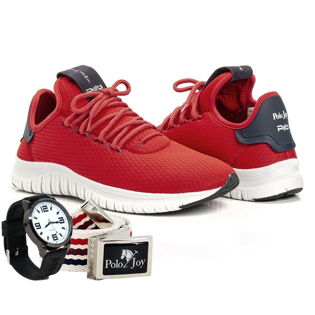 Kit Tênis Masculino Polo Joy Sport + Relógio E Cinto - Vermelho Menor preço em Kit Tênis Masculino Polo Joy Sport + Relógio E Cinto - Vermelho