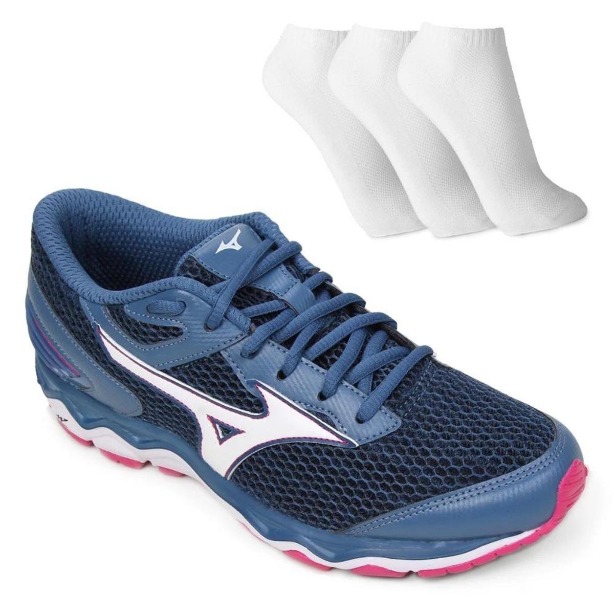 Kit Tenis Mizuno Wave Hawk 2 Feminino + 3 Pares De Meia Mizuno - Azul+Rosa Menor preço em Kit Tenis Mizuno Wave Hawk 2 Feminino + 3 Pares De Meia Mizuno - Azul+Rosa