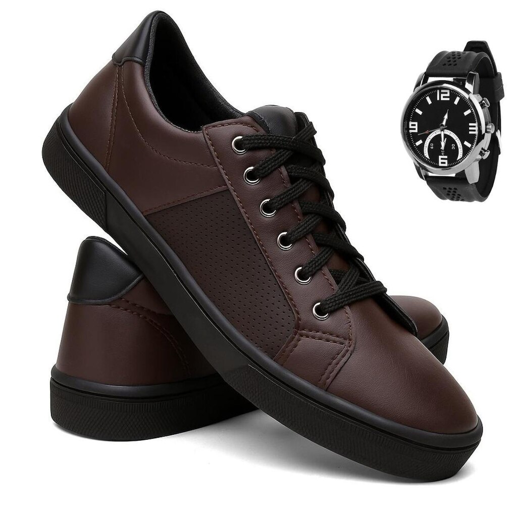 Kit Tênis Sapatênis Masculino Casual Amarrar Confortável Leve Cano Baixo Cadarço Conforto + Relógio