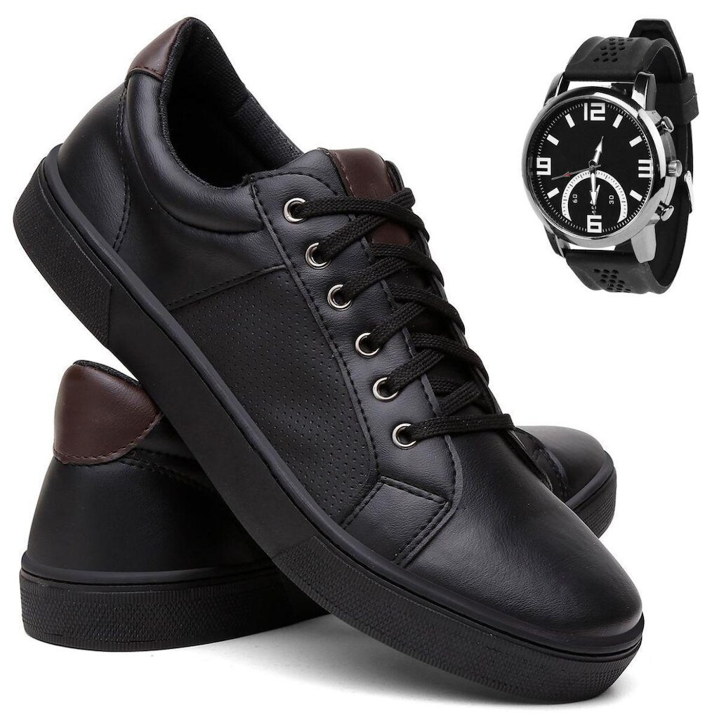 Kit Tênis Sapatênis Masculino Casual Amarrar Confortável Leve Cano Baixo Cadarço Conforto + Relógio