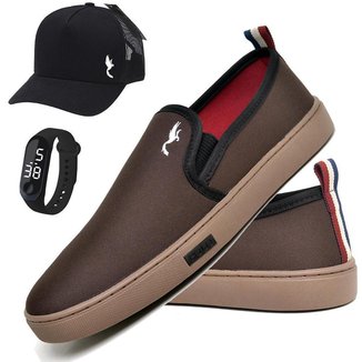 Kit Tênis Slip On Masculino Lona + Relógio Digital + Boné