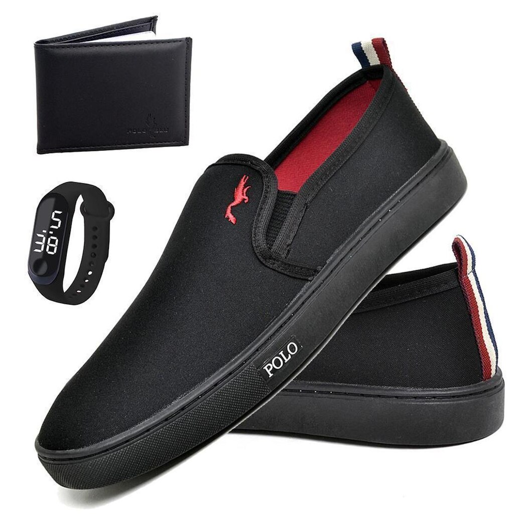 Kit Tênis Slip On Masculino Lona + Relógio Digital + Carteira