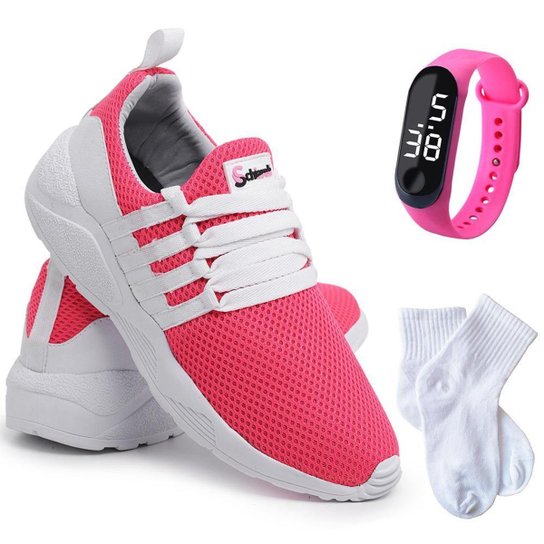 Kit Tênis Sneaker Feminino + Relógio Digital + Meia Conforto - Pink+Branco