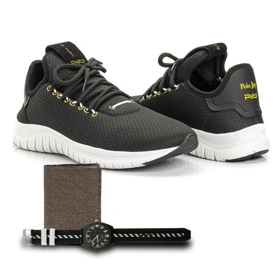 Kit Tênis Têxtil + Carteira e Relógio Feminino Caminhada - Preto