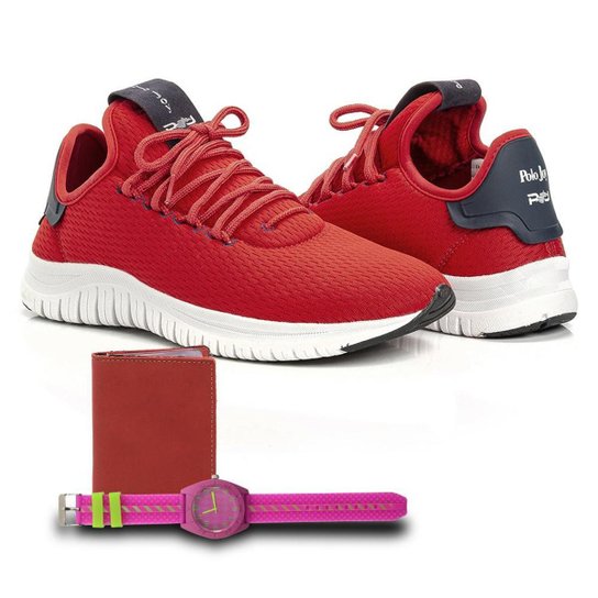 Kit Tênis Têxtil + Carteira e Relógio Feminino Caminhada - Vermelho