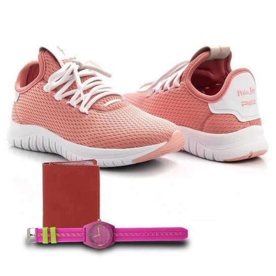 Kit Tênis Têxtil + Carteira e Relógio Feminino Caminhada - Rosa Escuro
