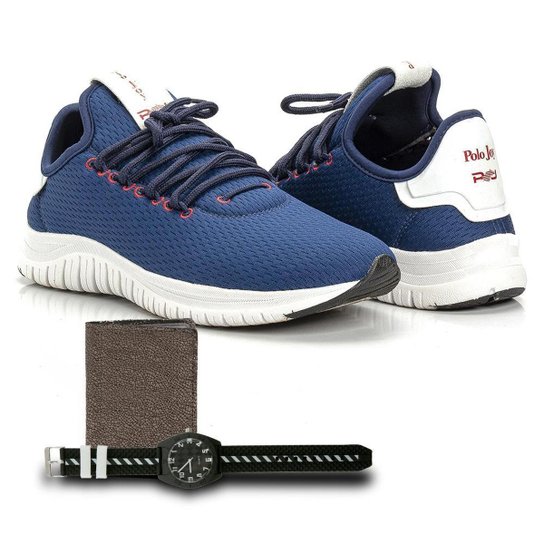 Kit Tênis Têxtil + Carteira e Relógio Feminino Caminhada - Azul Escuro