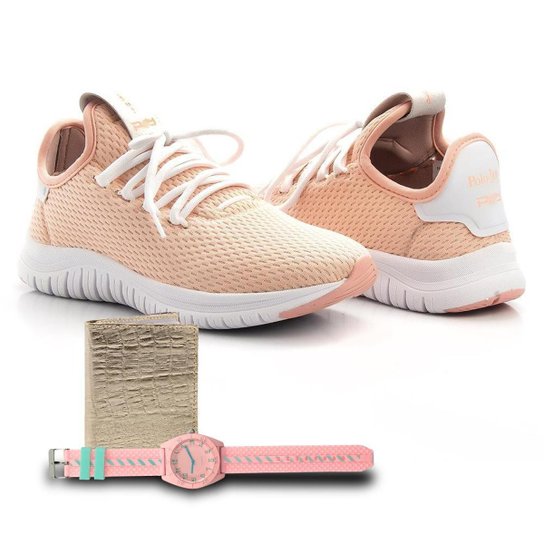 Kit Tênis Têxtil + Carteira e Relógio Feminino Caminhada - Rosa Claro
