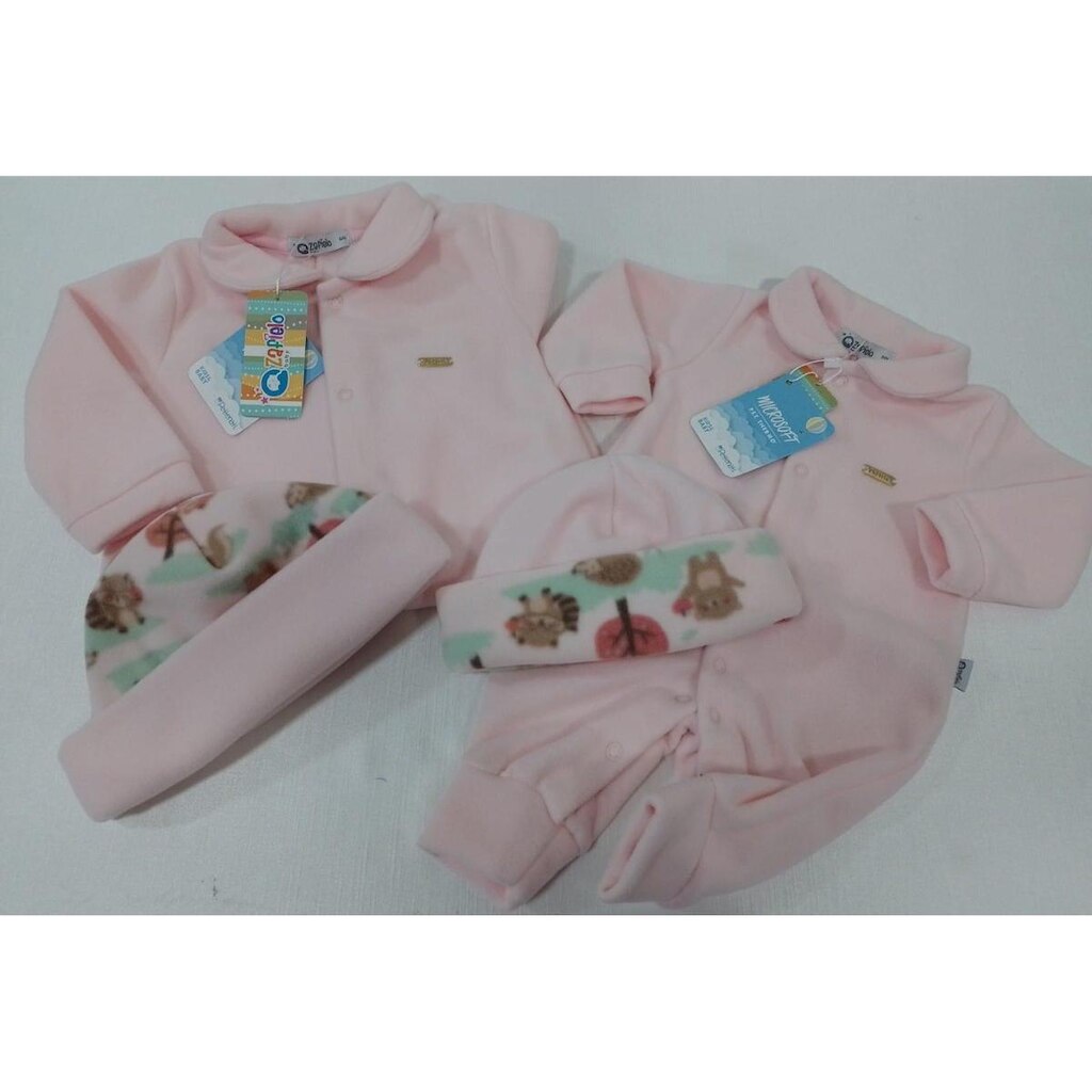 Kit Touca + Macacão Bebê Menina Zafielo Soft Inverno Rf 544 - Rosa - GG ( 9 - 12 MESES )
