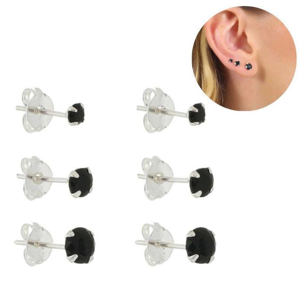 Kit Trio Brinco Feminino Prata 925 Maciça Legítima Zircônia Pedra Preta 3,4 e 5mm Delicado