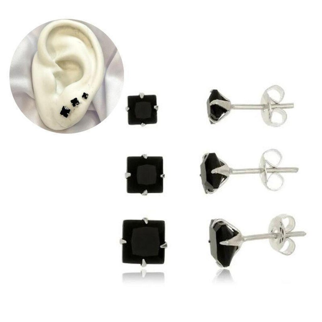Kit Trio Brinco Feminino Prata 925 Maciça Zircônia Pedra Quadrado Preta 3,4 e 5mm Delicado