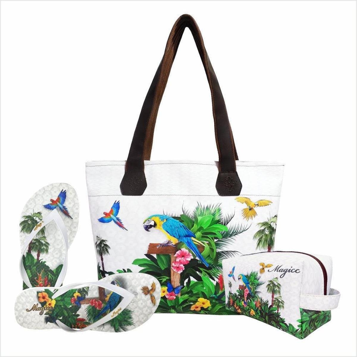 Kit Tropical Feminino Araras com Bolsa, Necessaire e Chinelo, Magicc Menor preço em Kit Tropical Feminino Araras com Bolsa, Necessaire e Chinelo, Magicc