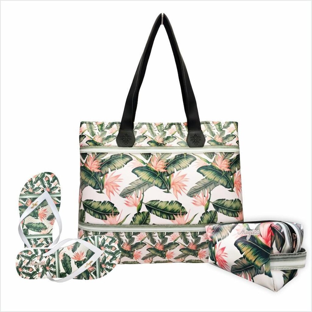 Kit Tropical Feminino Folhas com Bolsa, Necessaire e Chinelo, Magicc