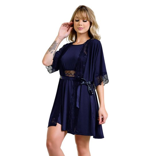 Kit um Camisola Estilo Vestido e um Robe Kimono Microfibra e Renda