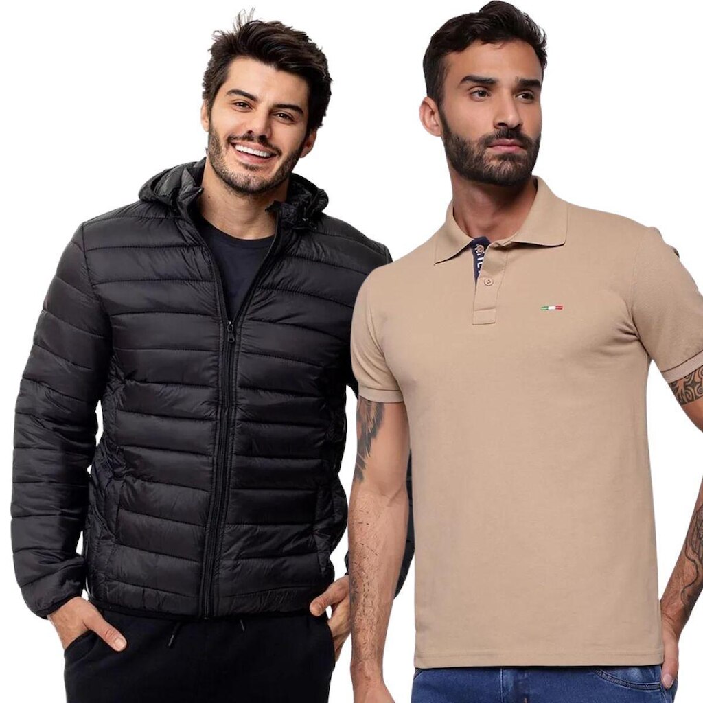 Kit Vih Triny Jaqueta Puffer e Camisa Polo Bege Masculina