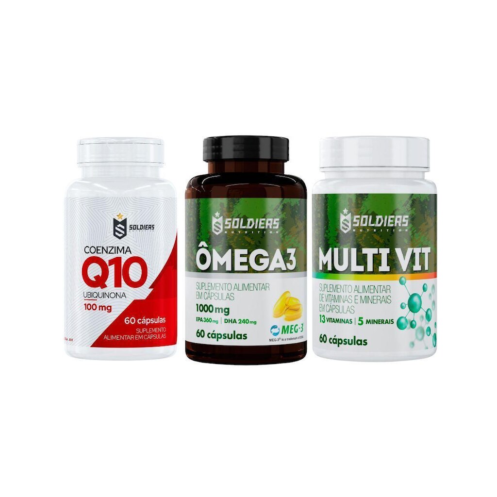 Kit: Coenzima Q10 100mg + Ômega 3 - 60 Caps - 1000mg + Multivitamínico 60 Cap - Soldiers Nutrition
