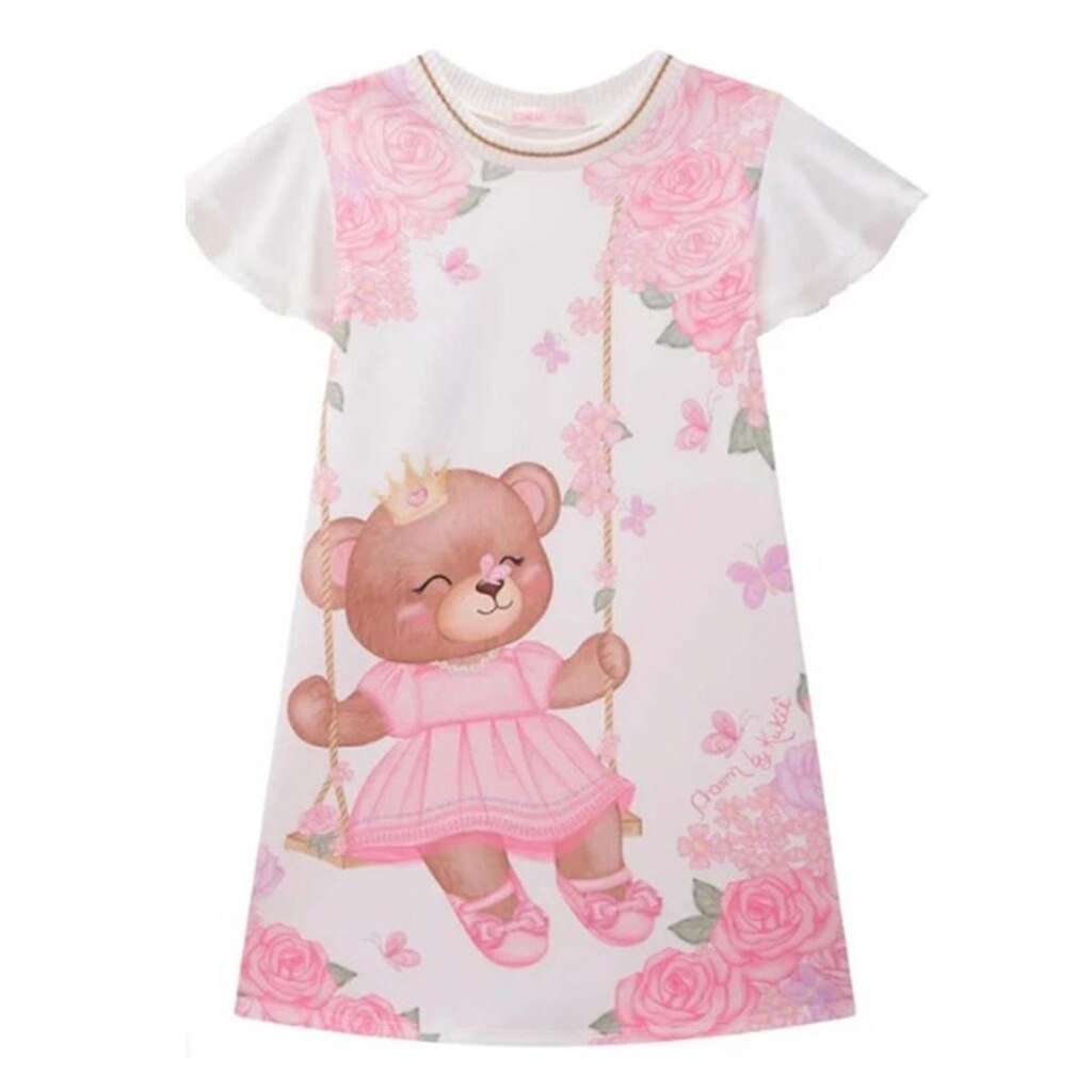 Kukie Vestido Fly Tech Manga Longa Ursinho Branco
