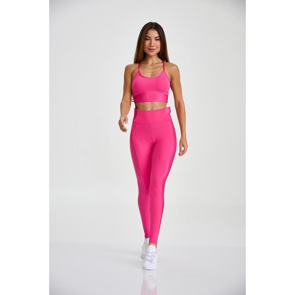 Legging Comfy Bolsos Cós Alto Lateral Brilhante Conforto