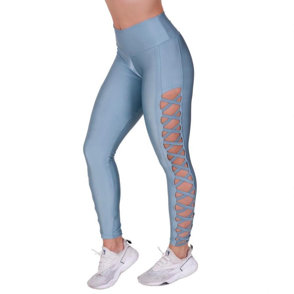 Legging Fitness Femininas Tiras Lateral Cós Alto Cirrê Liso Orbis - Azul, G