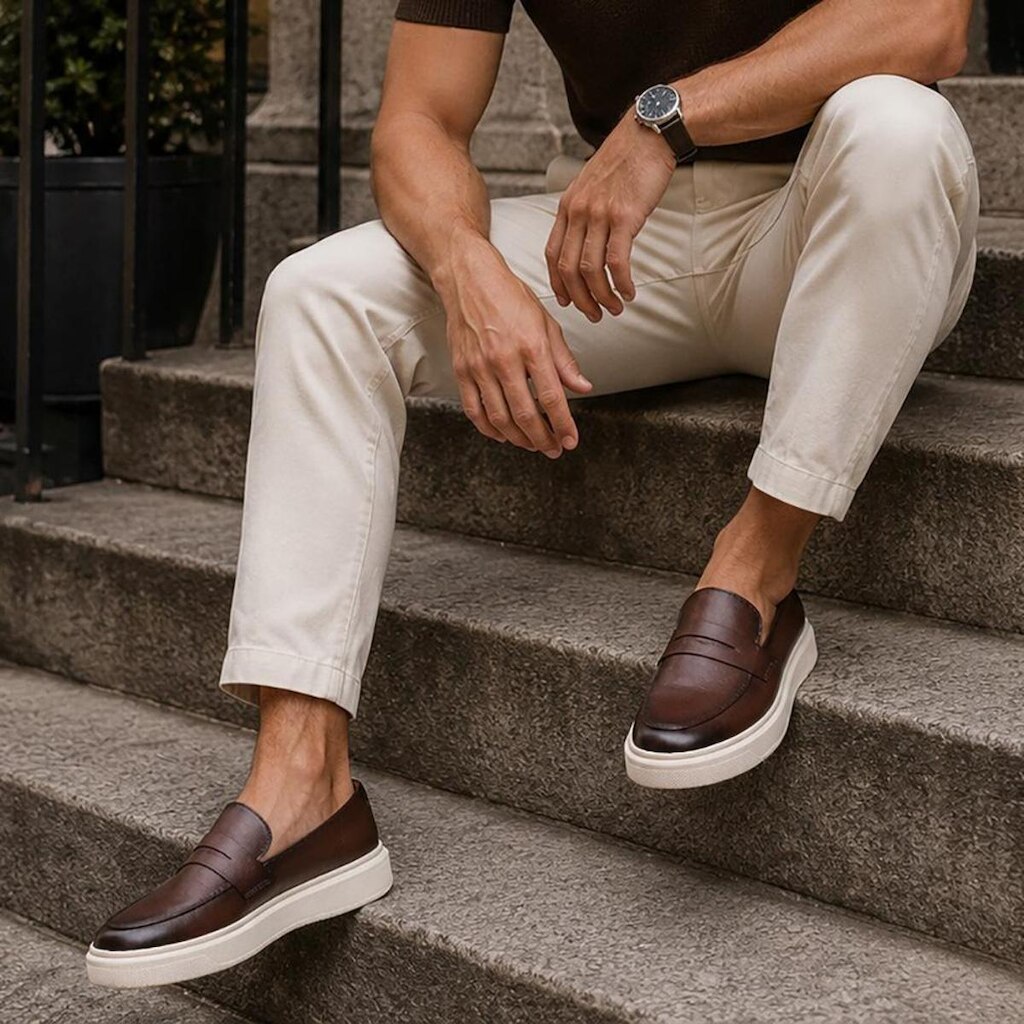 Loafer Sapato Casual Masculino Calça Fácil Iate Mocassim Café Marrom Esporte Fino Urbano Social