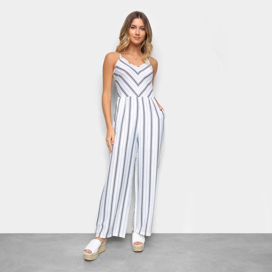 Macacão Adooro! Listrado Pantalona Feminino - Branco
