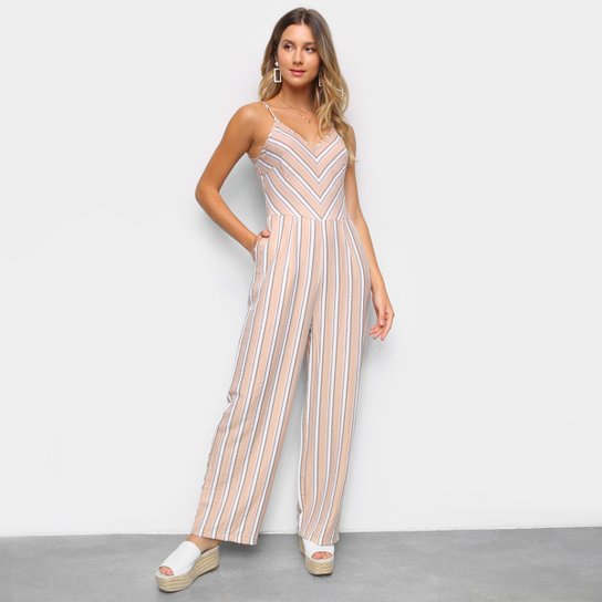 Macacão Adooro! Listrado Pantalona Feminino - Bege+Branco
