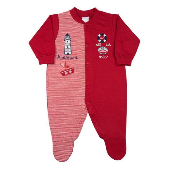 Macacão Bebê Malha Listrada Pontal Aventure Ano Zero Masculino - Vermelho