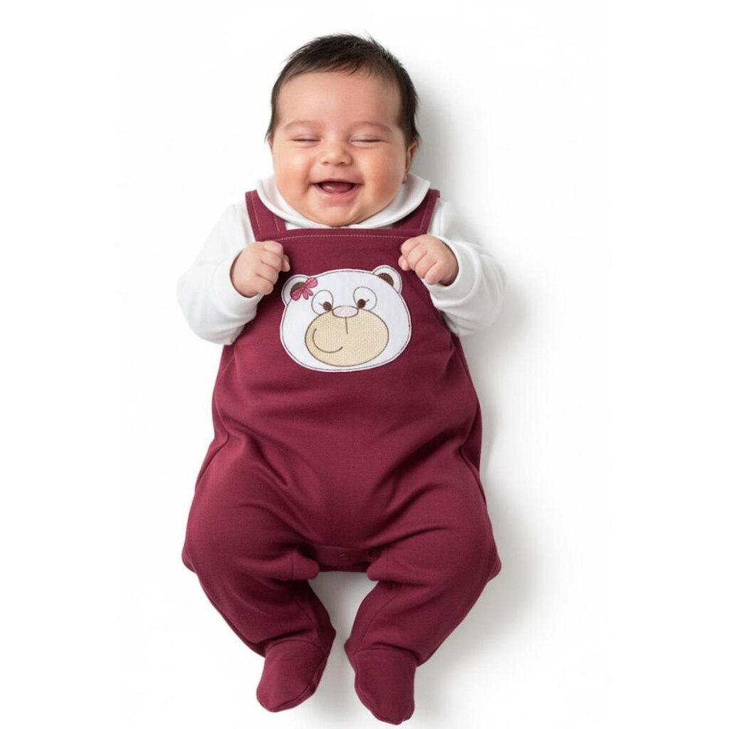 Macacão Bebê Menina Finta Jardineira Bordado Urso Zafielo