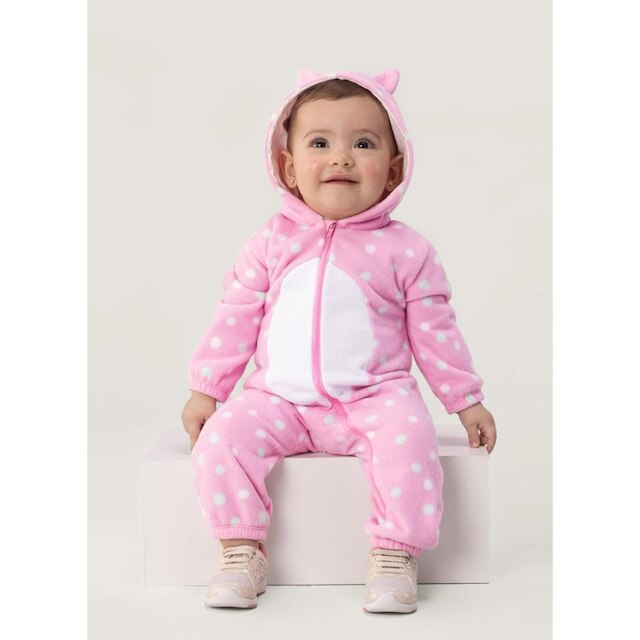 Macacão Bebê Menina Poá Com Capuz Soft Gatinha Brandili