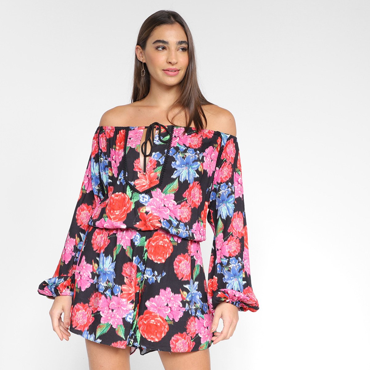 Macacão Curto Lança Perfume Floral Manga Longa Feminino Menor preço em Macacão Curto Lança Perfume Floral Manga Longa Feminino