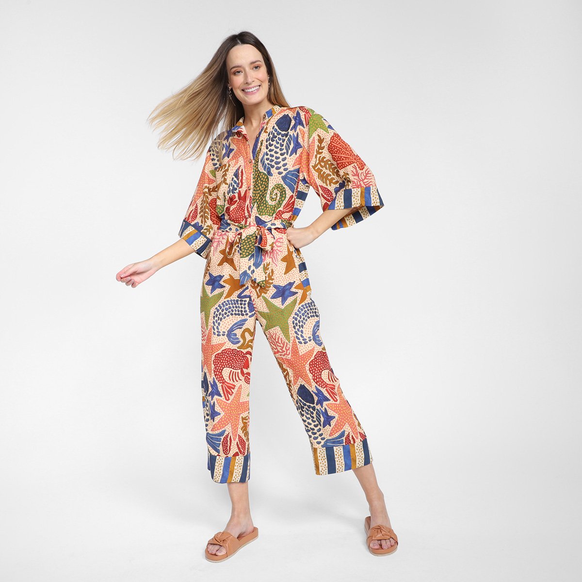 Macação Farm Cropped Camisa Encantos do Mar Feminino - Estampado Menor preço em Macação Farm Cropped Camisa Encantos do Mar Feminino - Estampado