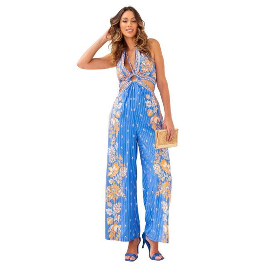 MACACÃO FEMININO GOLA HALTER DECOTE PROFUNDO ESTAMPA TROPICAL