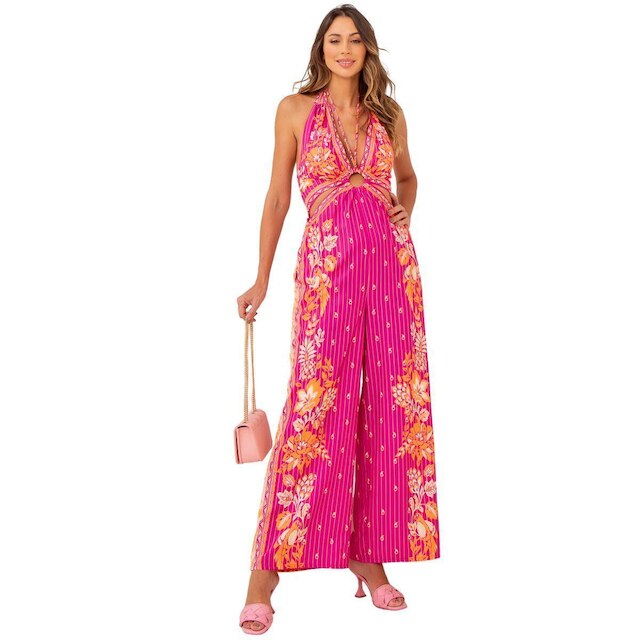 MACACÃO FEMININO GOLA HALTER DECOTE PROFUNDO ESTAMPA TROPICAL